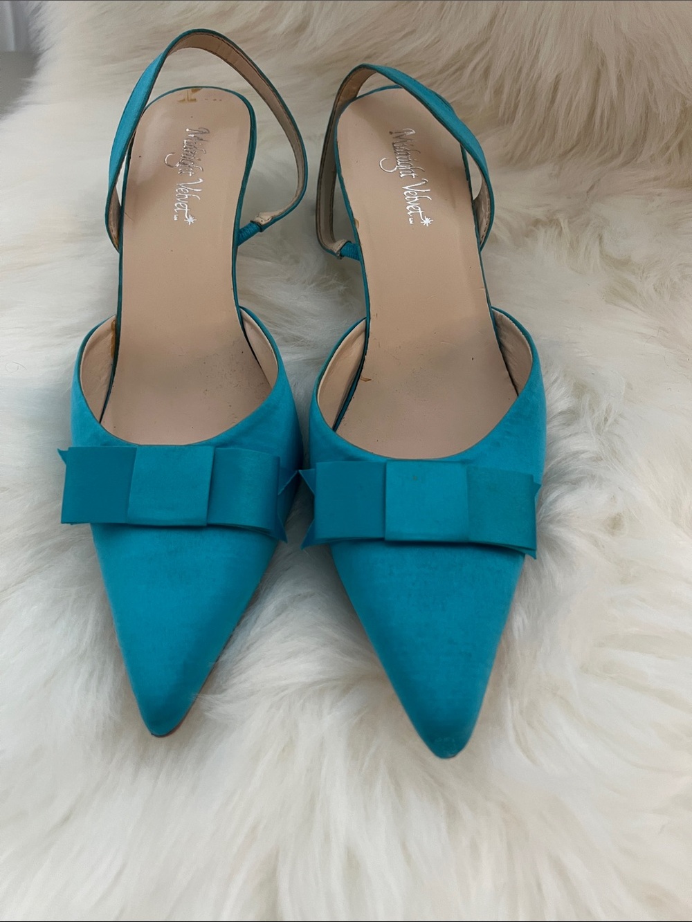 Midnight Velvet Turquoise Pointed-Toe Slingback Heels with Bow